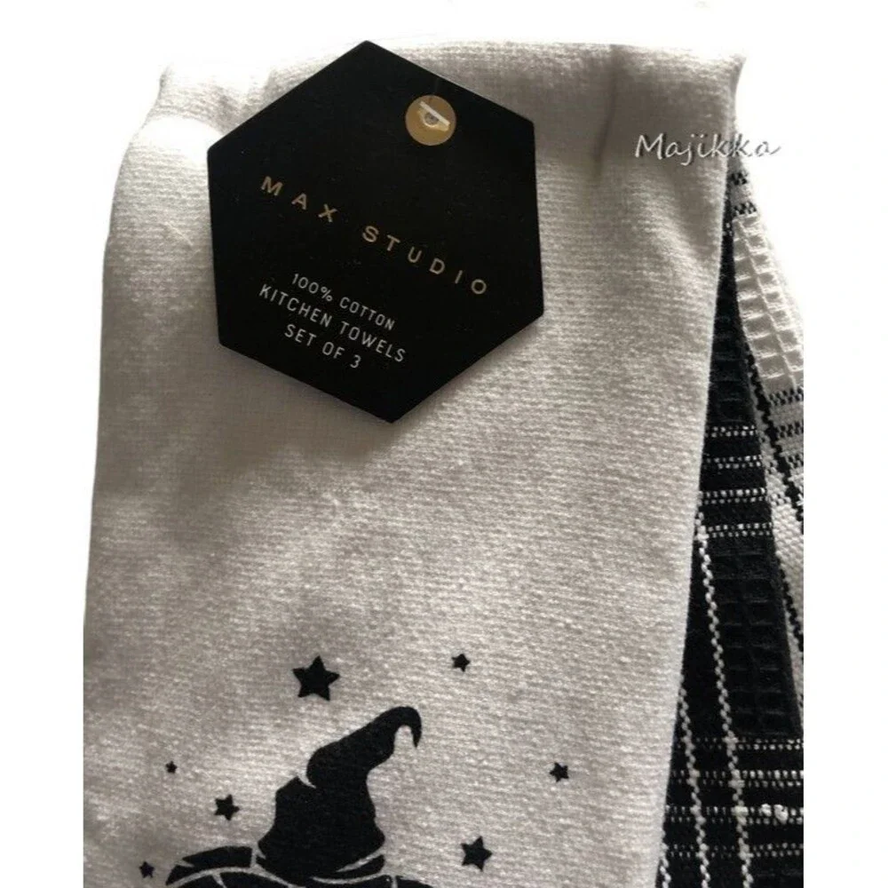 Max Studio Halloween Kitchen Dish Towels Witches Be Crazy Black White Set Of 3